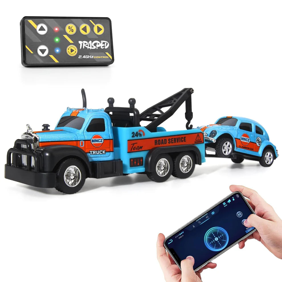 Trasped Mini RC Tow Truck with Classic Car – 2.4GHz Remote Control Road Service Toy Set