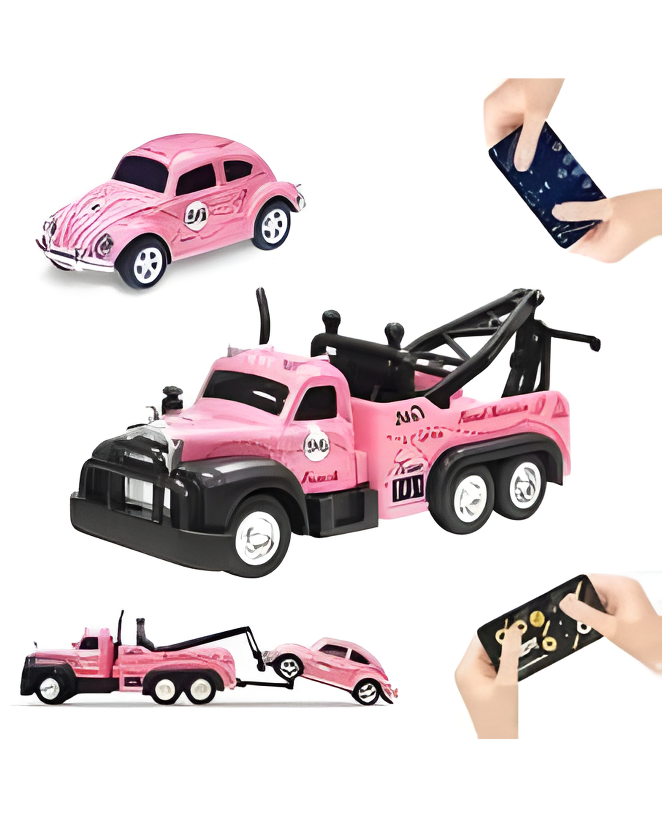 Trasped Mini RC Tow Truck with Classic Car – 2.4GHz Remote Control Road Service Toy Set (Pink)