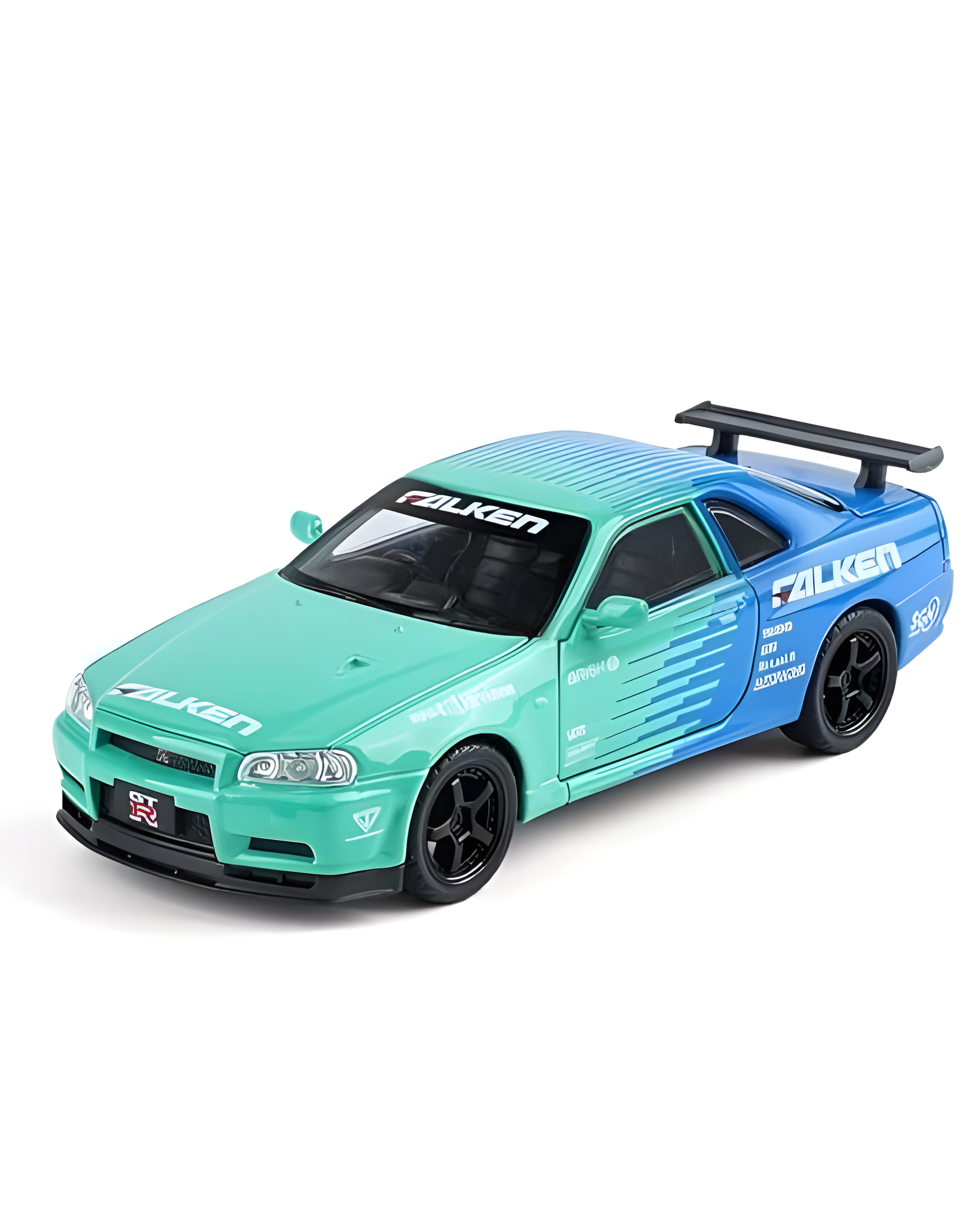 Premium Nissan Skyline GT-R R34 1:32 Scale Diecast Metal Toy Car – Falken Livery, Openable Doors, Lights & Sound