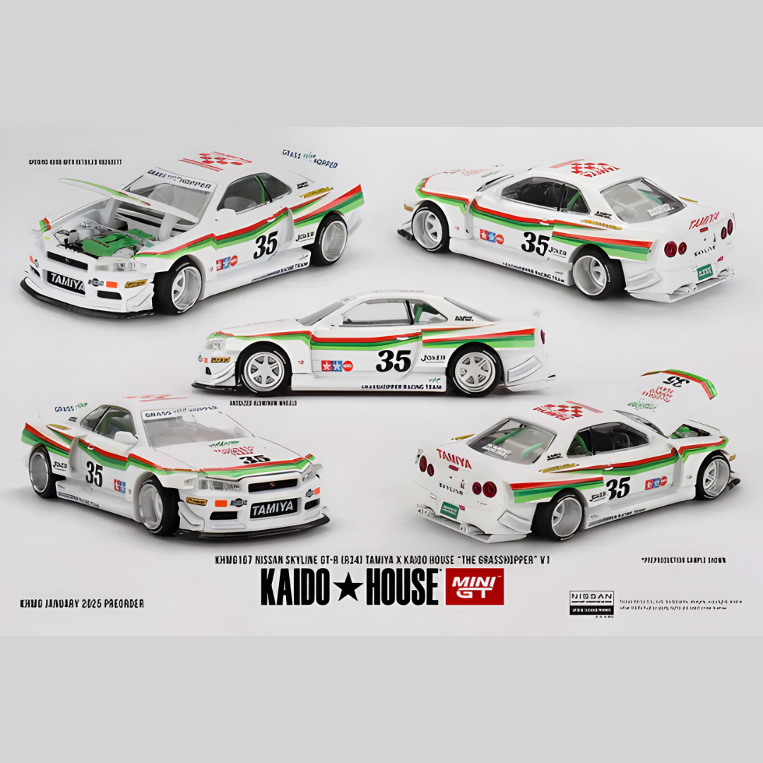 Kaido House x Mini GT 1:64 Nissan Skyline GT-R (R34) Tamiya x Kaido House "The Grasshopper" V1 – KHMG167