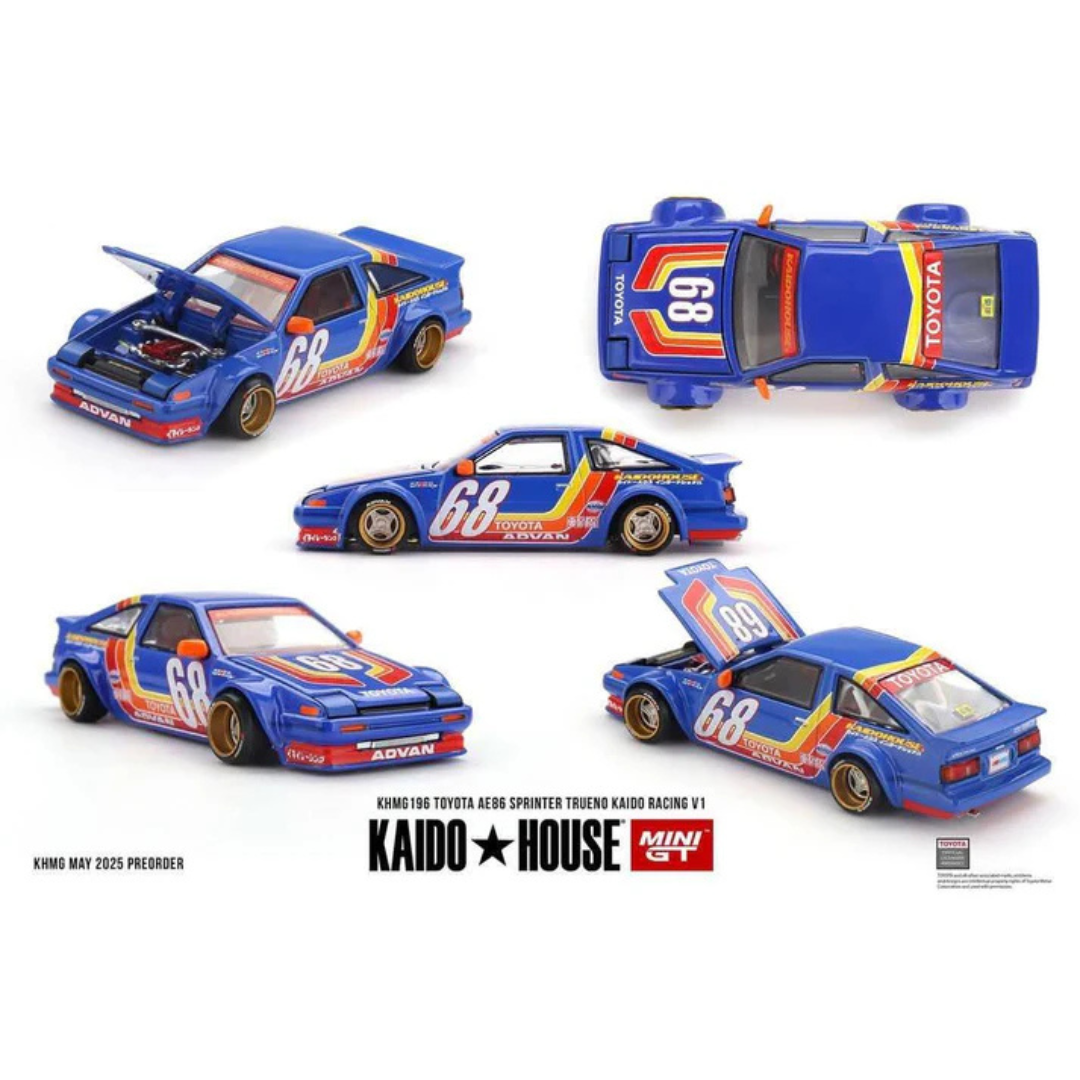 Kaido House x Mini GT Toyota AE86 Sprinter Trueno Kaido Racing V1 Blue 1:64 Diecast Widebody Car - KHMG196