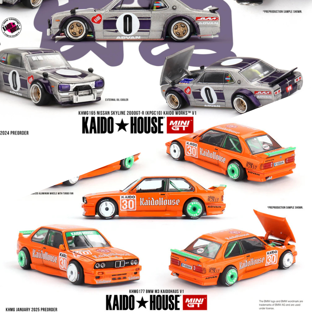Kaido House x Mini GT Combo Deal – Nissan Skyline 2000GT-R (KPGC10) Kaido Works V1 + BMW M3 E30 Kaidohaus V1 1:64 Diecast Set - KHMG165 + KHMG177
