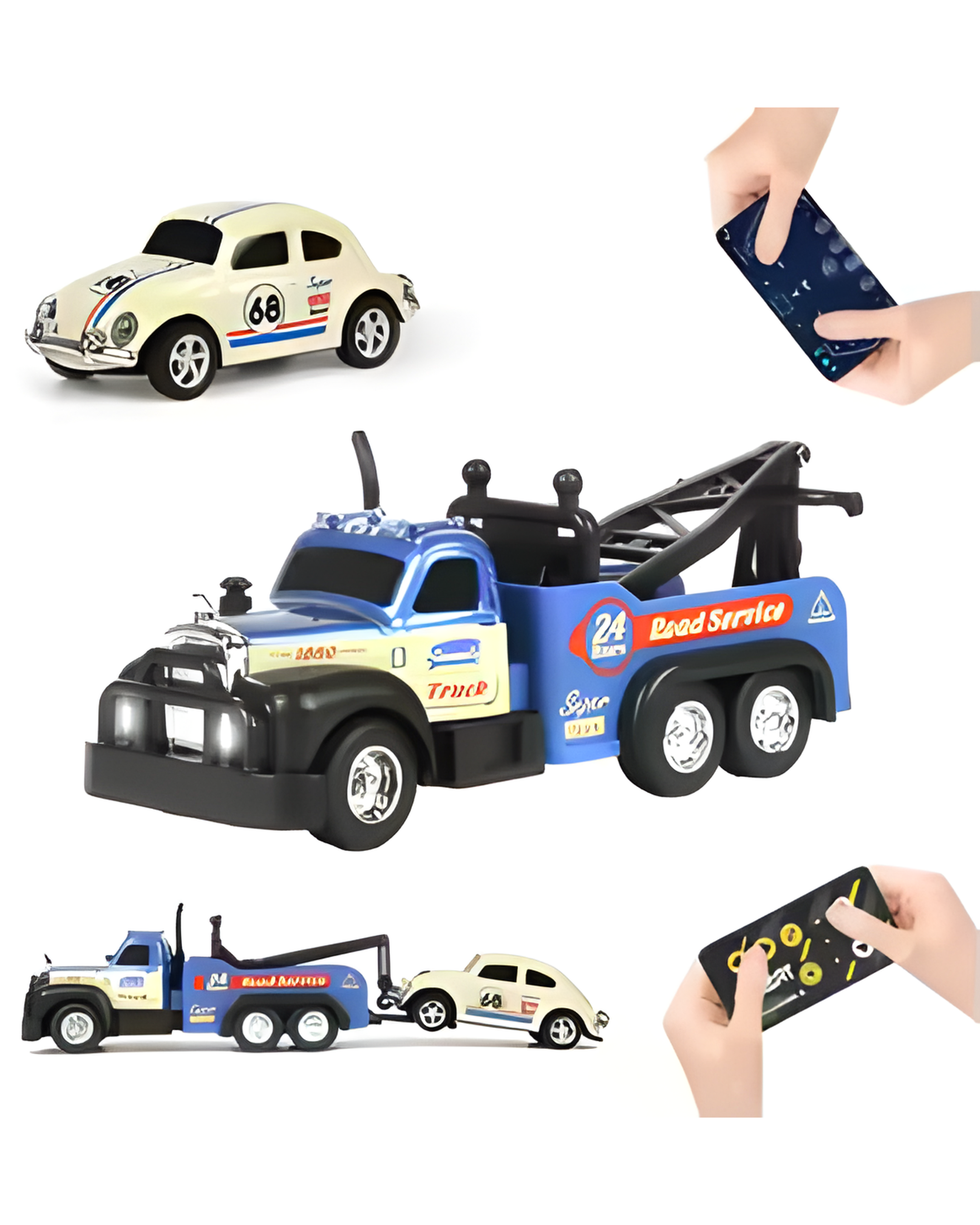 Trasped Mini RC Tow Truck with Classic Car – 2.4GHz Remote Control Road Service Toy Set (Cream)