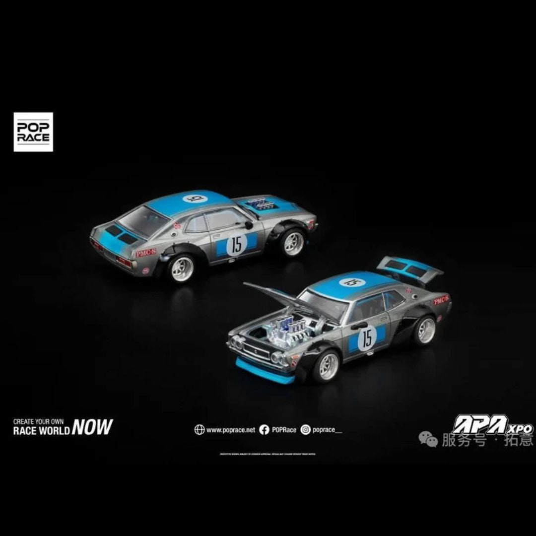 Pop Race Nissan Laurel C130 Race Edition No.15 Metallic Grey & Blue PR64S49