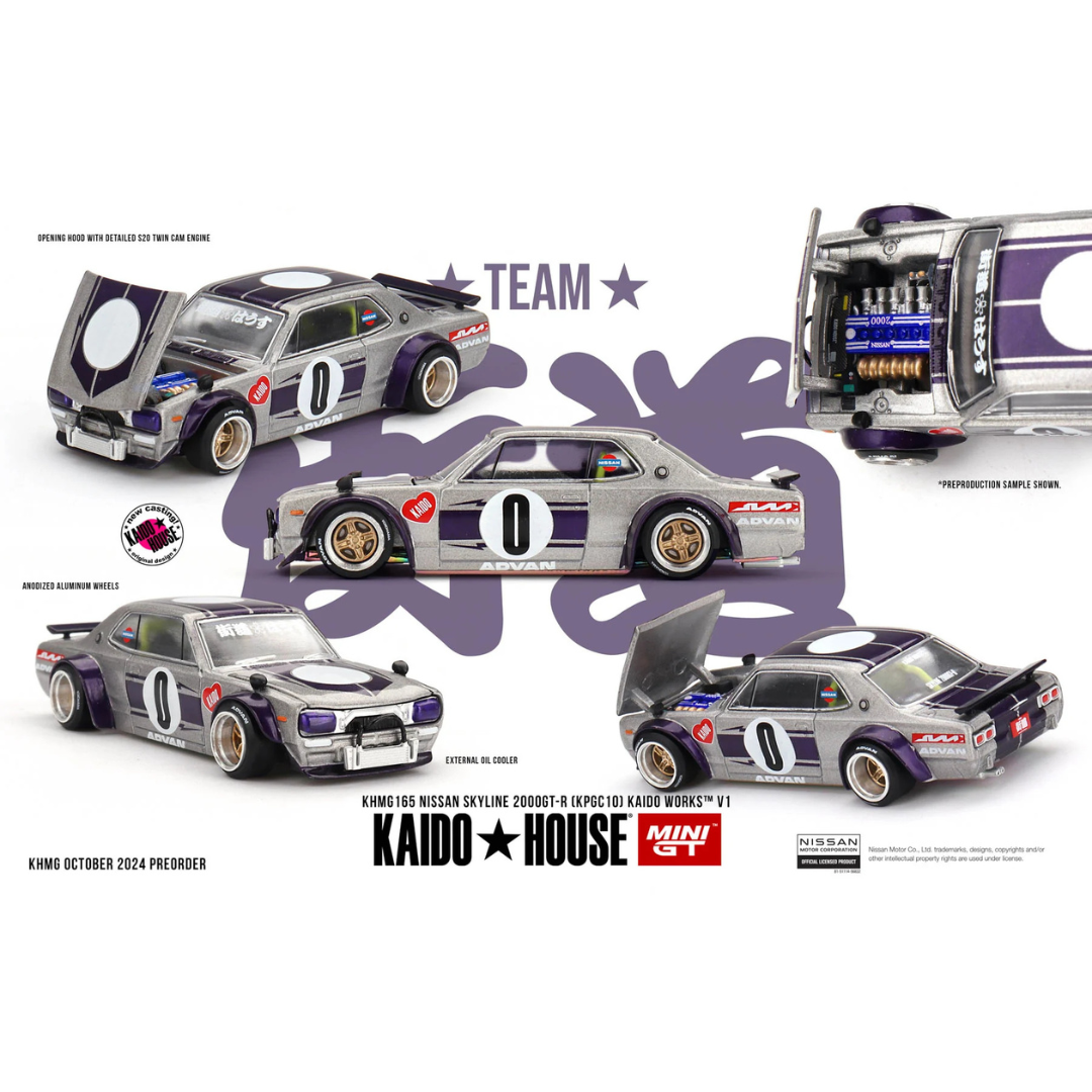 Kaido House x Mini GT 1:64 Nissan Skyline 2000GT-R (KPGC10) Kaido Works V1 Silver/Purple – KHMG165