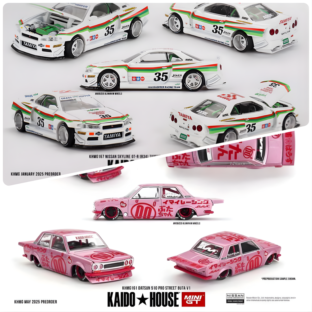 Kaido House x Mini GT 1:64 Combo Set – Nissan Skyline GT-R (R34) Tamiya Edition + Datsun 510 Pro Street Buta V1 - KHMG167 + KHMG161