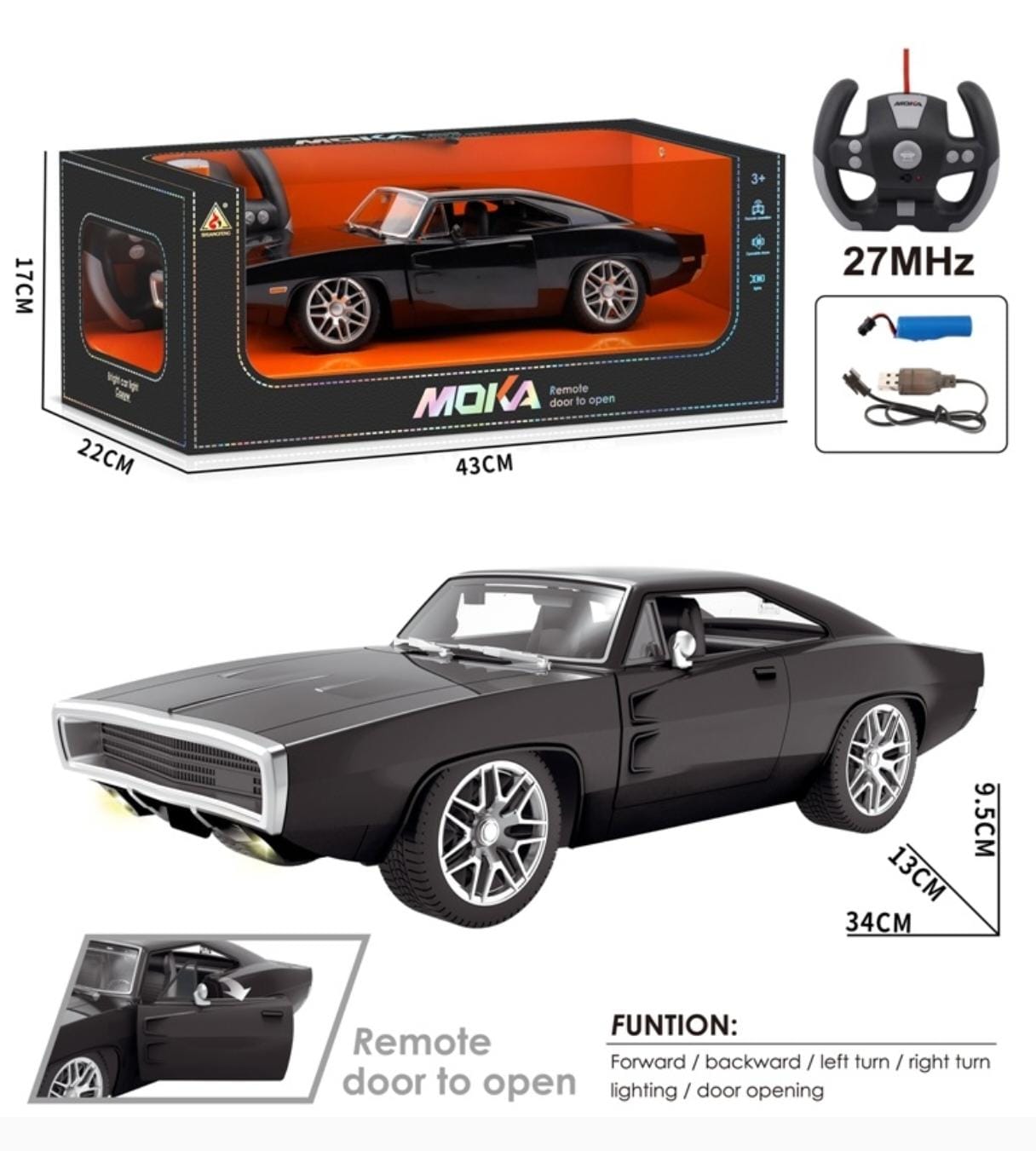 MOKA Dodge Remote Control Muscle Car 1:14 Scale Diecast Metal Toy Car – RC Charger-Style Model with Opening Doors & Lights