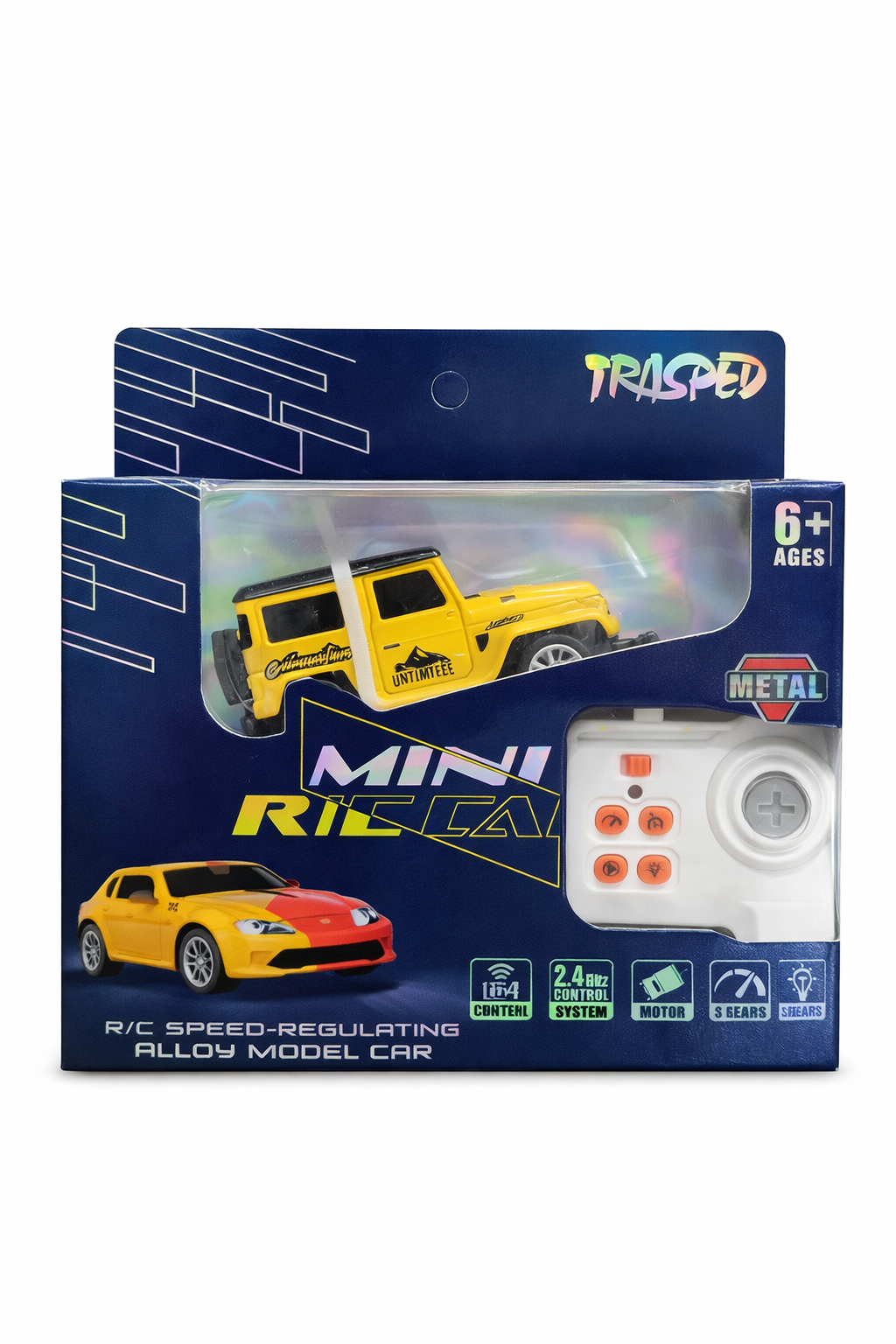 Trasped Jeep Wrangler Mini RC Car 1:64 Scale – 2.4GHz Remote Control Metal Off-Road Toy Car (Yellow)
