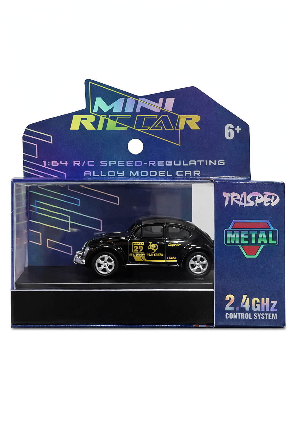 Trasped Classic Beetle Mini RC Car 1:64 Scale – 2.4GHz Remote Control Metal Toy Car (Black)