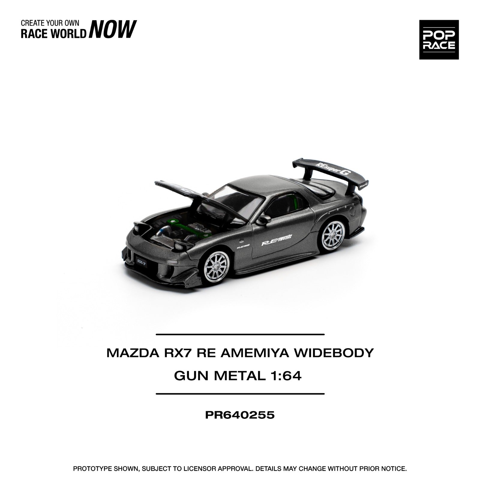 POP RACE Mazda RX-7 RE Amemiya Widebody Gun Metal 1:64 Diecast Metal Model Car
