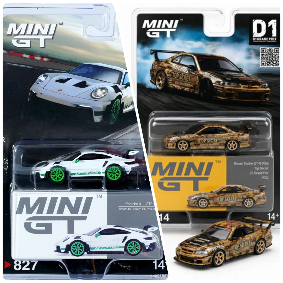 Mini GT Porsche 911 GT3 RS Tribute to Carrera RS Package (LHD) - MGT00827-BL + Mini GT Nissan Skyline GT-R (R34) Top Secret D1 Grand Prix 2002 - MGT00714-BL - Blister Version (Imported)