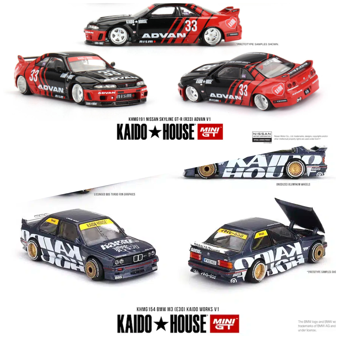 Kaido House x Mini GT Combo Deal – Nissan Skyline GT-R R33 Advan V1 + BMW M3 E30 Kaido Works V1 1:64 Diecast Set - KHMG191 + KHMG154