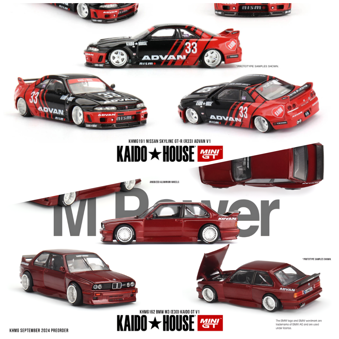 Kaido House x Mini GT Combo Deal – Nissan Skyline GT-R R33 Advan V1 + BMW M3 E30 Kaido GT V1 1:64 Diecast Set - KHMG191 + KHMG162