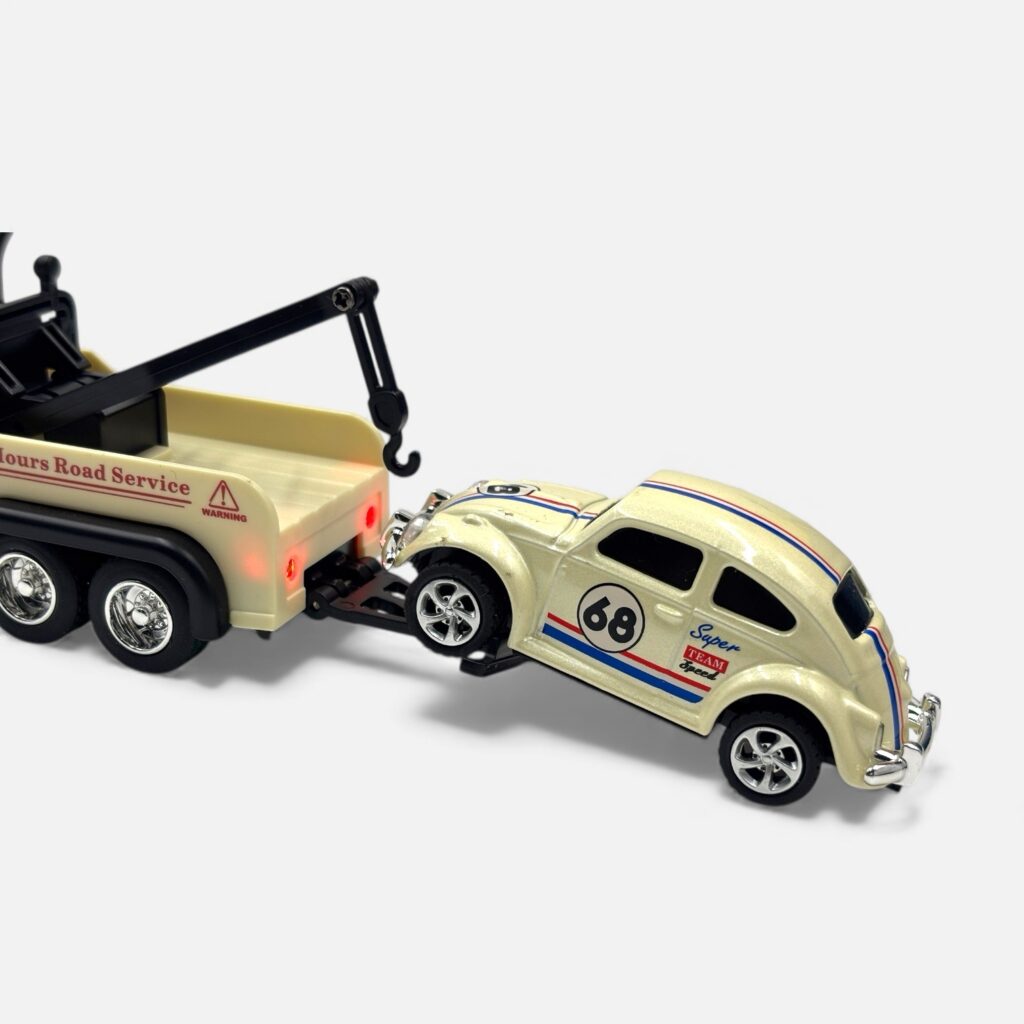 Trasped Volkswagen Beetle with Tow Truck 1:64 Scale Metal RC Car Set – Type-C Rechargeable Mini Recovery Vehicle