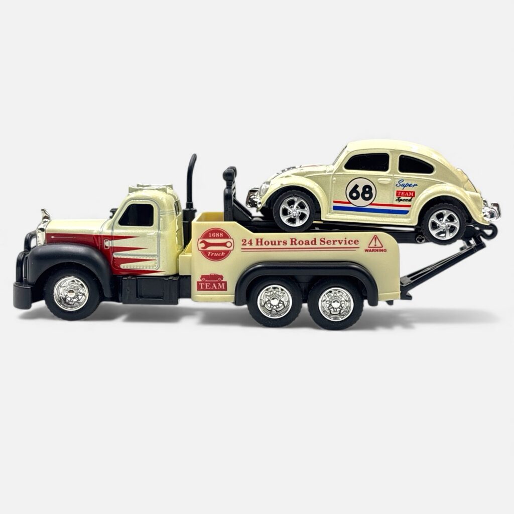 Trasped Volkswagen Beetle with Tow Truck 1:64 Scale Metal RC Car Set – Type-C Rechargeable Mini Recovery Vehicle