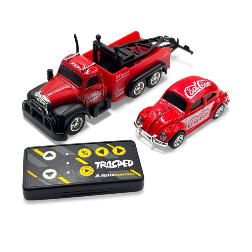 Trasped Volkswagen Beetle with Rescue Tow Truck 1:64 Scale Metal RC Car Set – Type-C Rechargeable (Red)