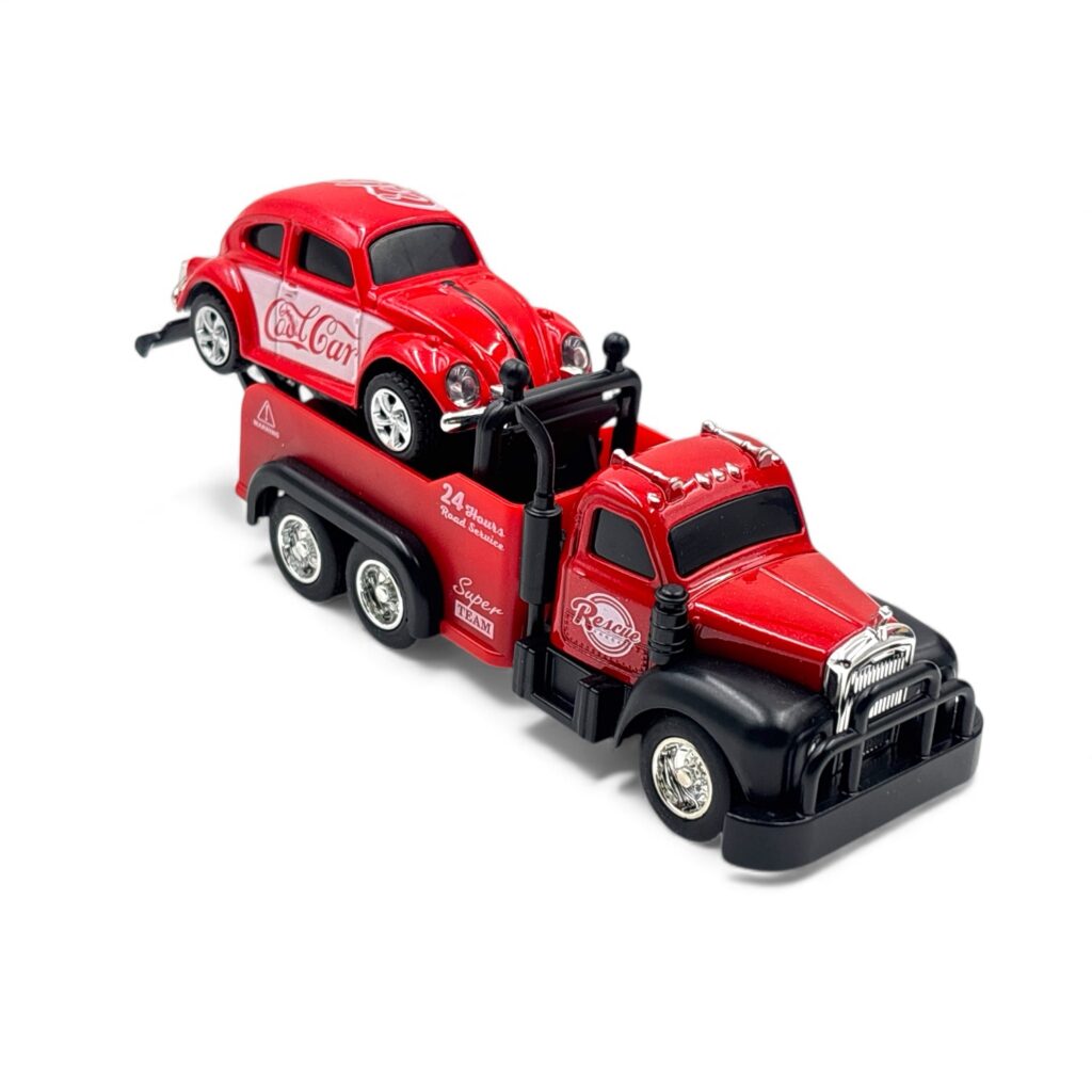 Trasped Volkswagen Beetle with Rescue Tow Truck 1:64 Scale Metal RC Car Set – Type-C Rechargeable (Red)