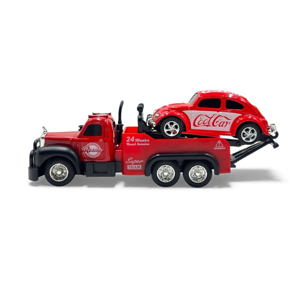 Trasped Volkswagen Beetle with Rescue Tow Truck 1:64 Scale Metal RC Car Set – Type-C Rechargeable (Red)