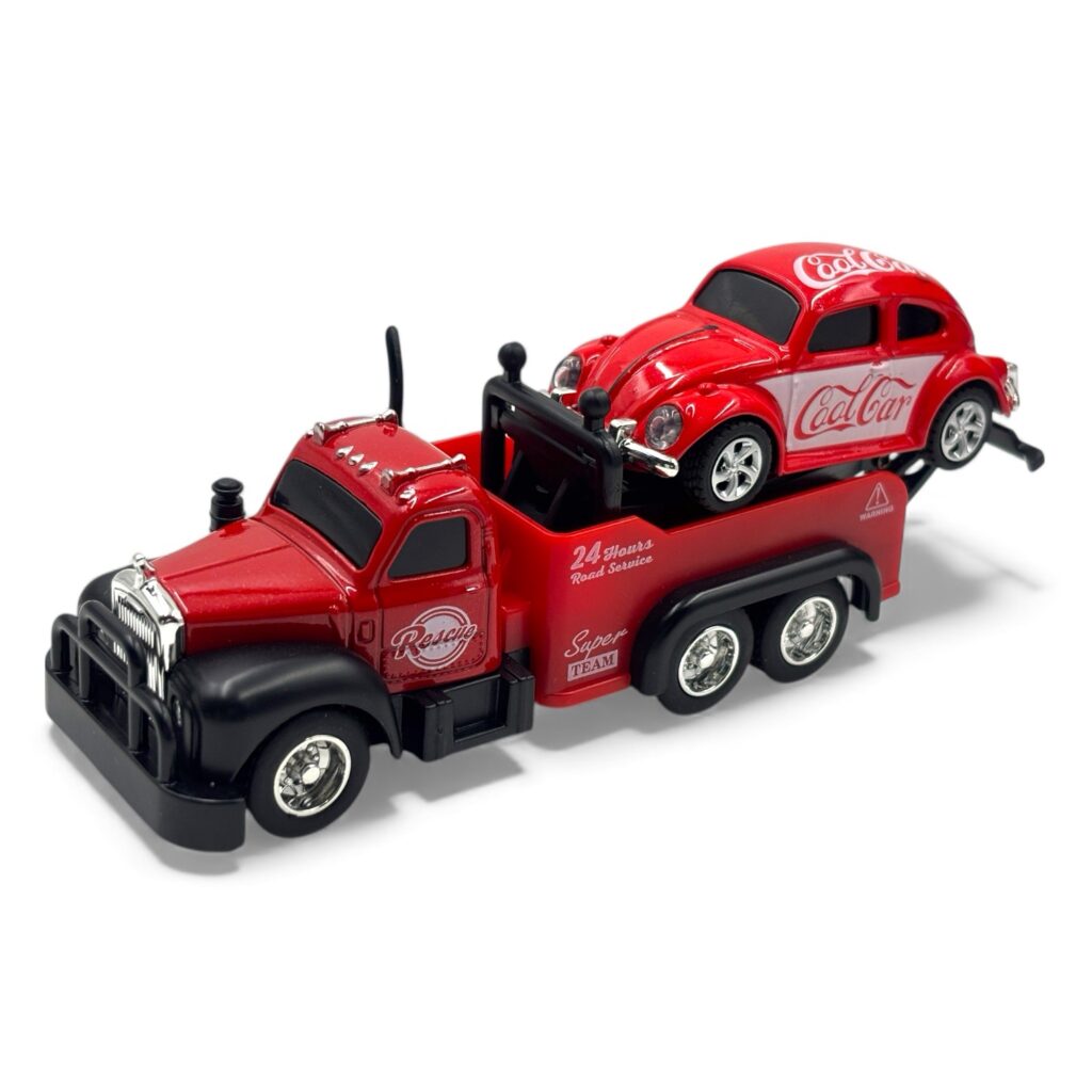 Trasped Volkswagen Beetle with Rescue Tow Truck 1:64 Scale Metal RC Car Set – Type-C Rechargeable (Red)